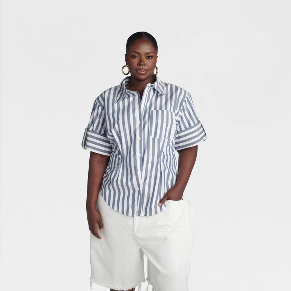 KBB by KAHLANA Women's Hourglass Short Sleeve Shirt - Blue Striped 1X